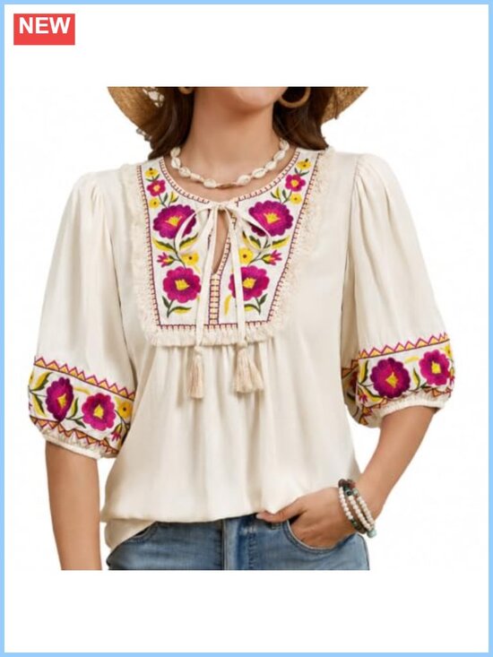 Tops - Women's Embroidered Boho Tunic Blouse Puff Short Sleeve Floral Tassel